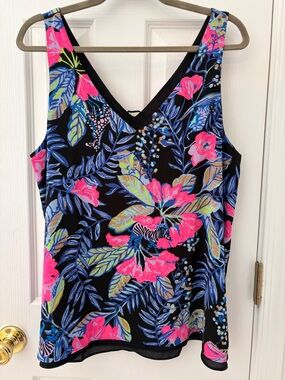 Lilly Pulitzer Black Reversible Florin Tank Top w/ Neon Pink & Blue Floral Print